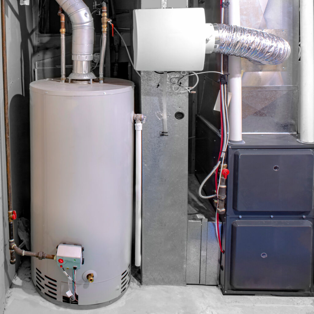 A home high efficiency furnace with a residential gas water heater & humidifier.