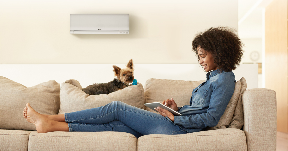 Woman on couch with an iPad and small dog, with a ductless mini-split on the wall behind her.