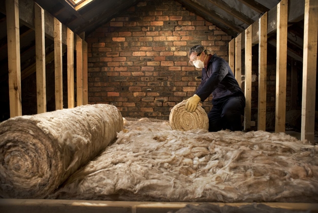 Man installing insulation in an attic