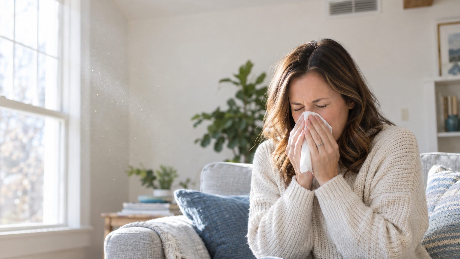 Woman sneezing indoors from allergies caused by poor indoor air quality.