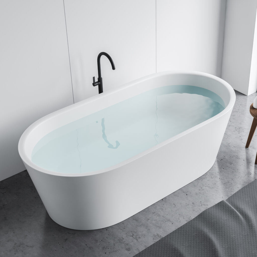 Top view of bathtub in white panel bathroom