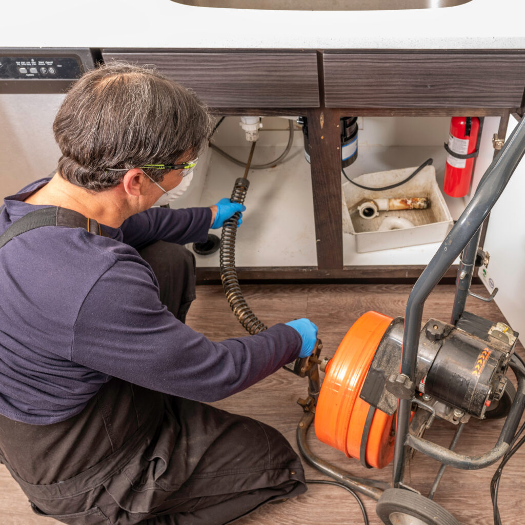 A professional plumber unclogging a kitchen sink drain using a commercial snake auger